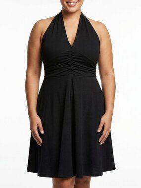 HUHOT Black Halter Dress Goth Whimsigoth Ruched Plunge Backless Pockets XL